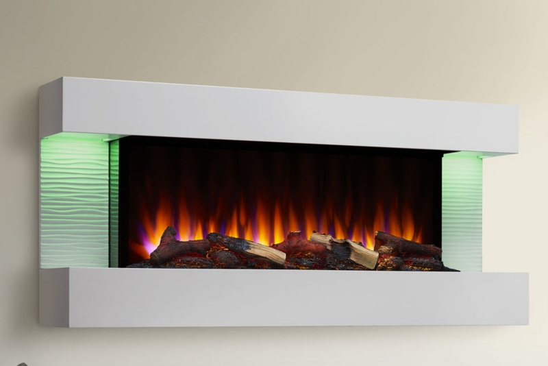 Floating Mantel Electric Fireplace White Textured Green Side Lighting