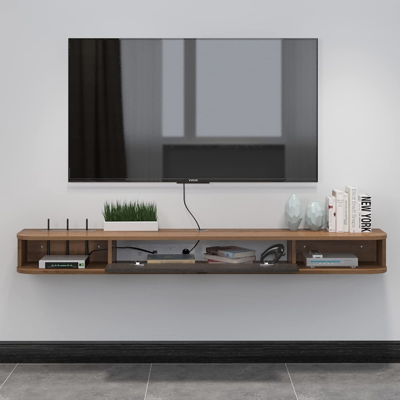 Floating Media Unit, Rounded Corners, Dual Tone Walnut and Grey Finish.