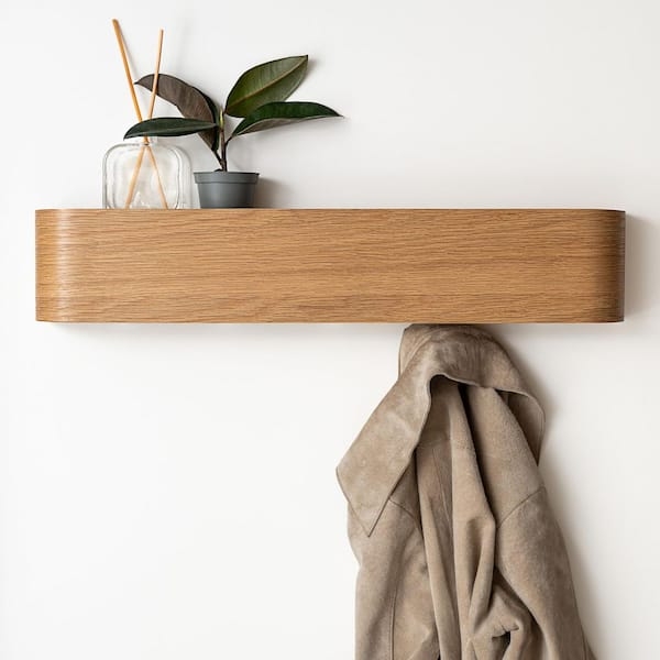 Floating Oak Coat Rack, Rounded Ends. Minimalist shelf with hidden hooks.