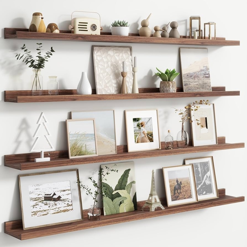 Floating Shelf Picture Ledge Set of 4 Front Retaining Lip Walnut Wood Tone