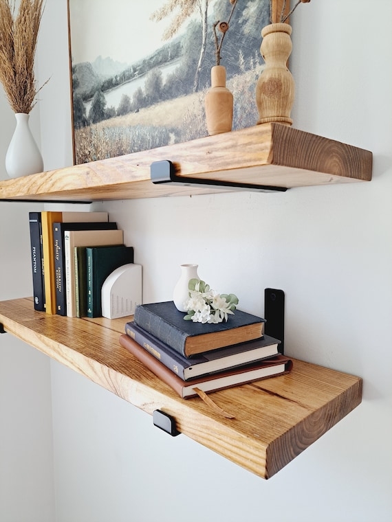 Floating Shelf Thick Timber Slabs Visible End Grain Black J-Brackets