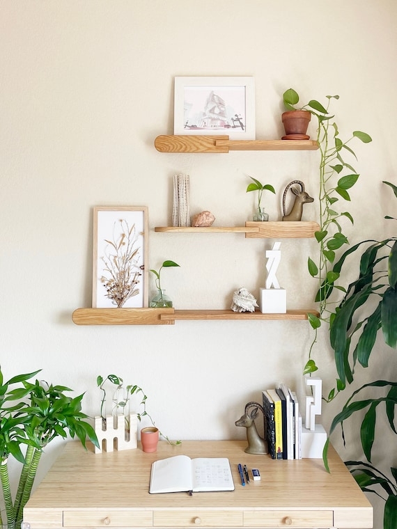 Floating Shelves Interlocking Wood Design with Rounded Ends Japandi Style