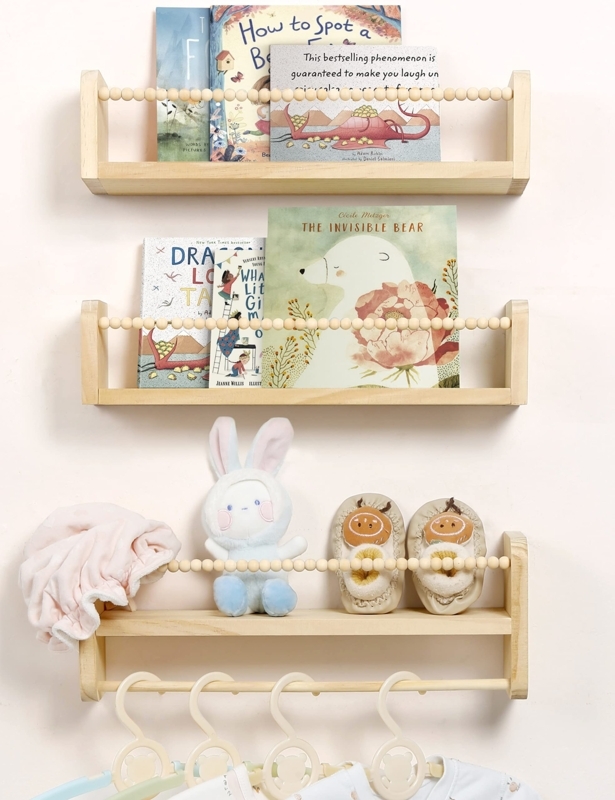 Floating Shelves Natural Wood with Beaded Rail and Hanging Rod.