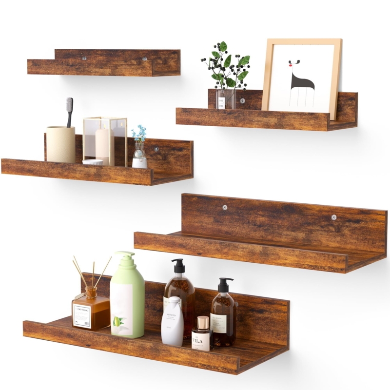 Floating Shelves Set of 5 U-Shaped with Protective Lip Rustic Wood Decor