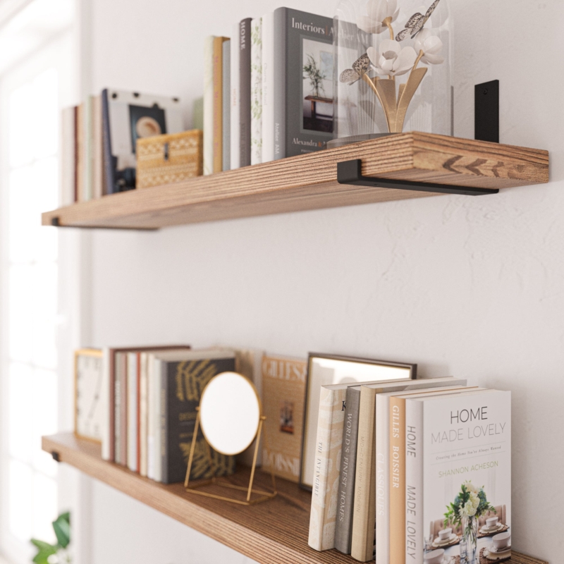 Floating Shelves with Industrial Wraparound Brackets Burnt Wood Finish
