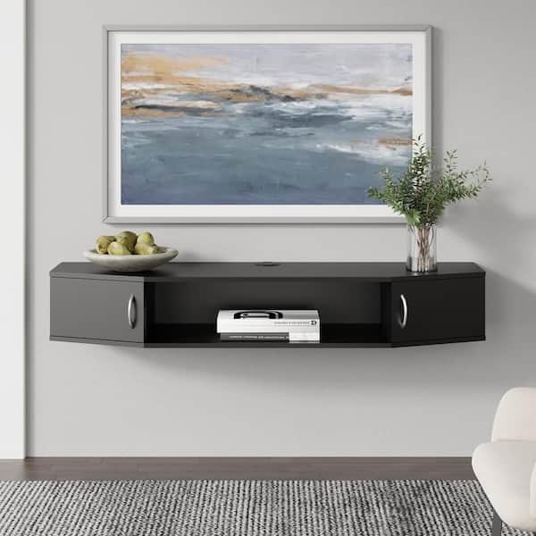 Floating Tv Stand Angled Geometric Sides Matte Black