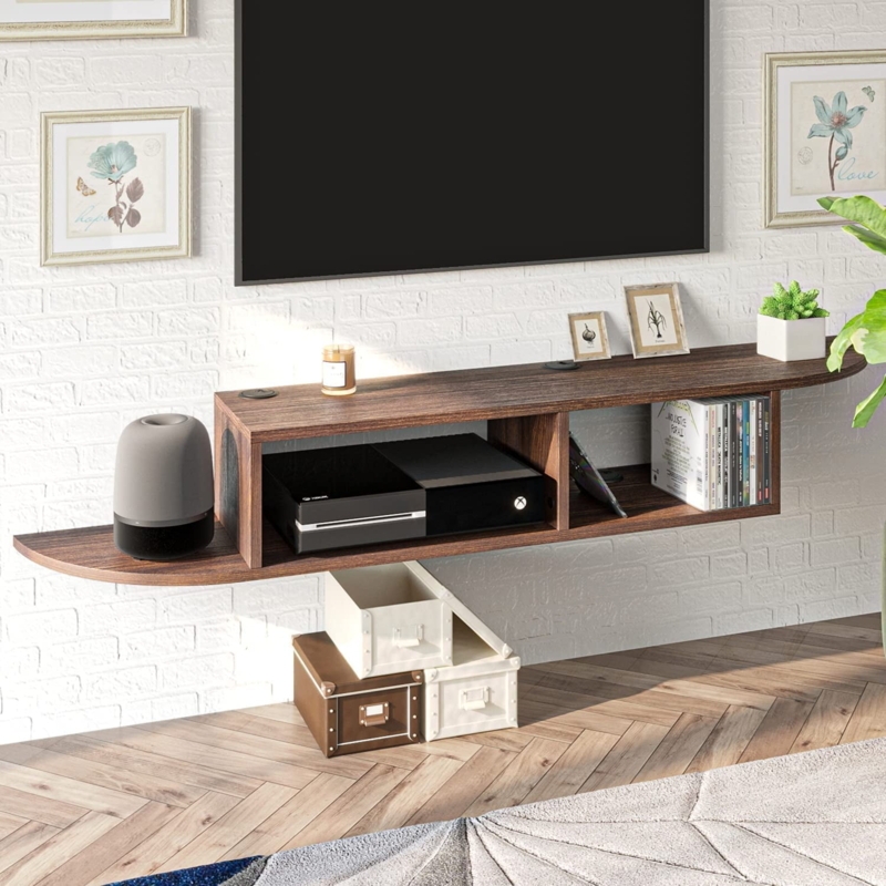 Floating Tv Stand Curved Side Shelves Walnut Finish