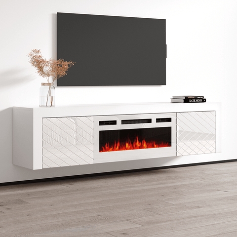 Floating TV Stand Diamond Lattice Doors White Wall Mounted Minimalist
