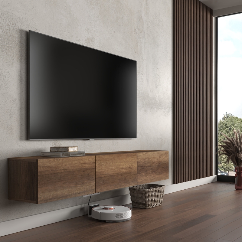 Floating Tv Stand Handleless Fronts Light Brown Wood