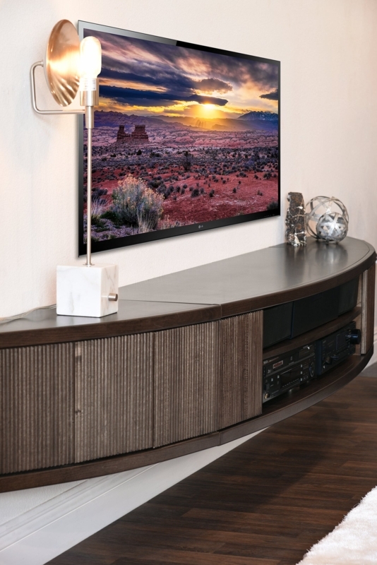 Floating Tv Stand Slatted Texture Curved Silhouette