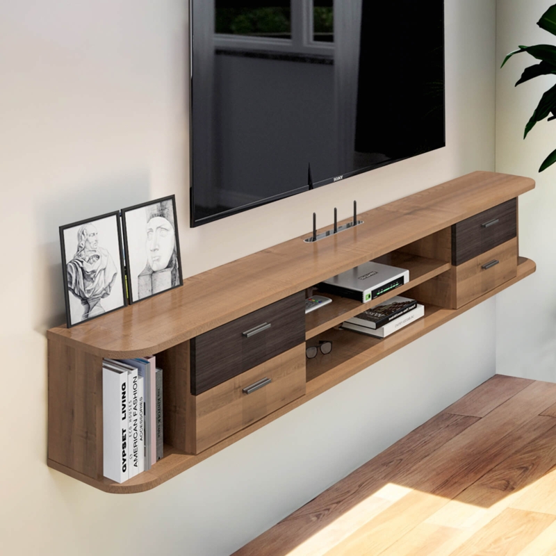 Floating TV Stand with Curved Corners, Two Tone Walnut & Grey Drawers.