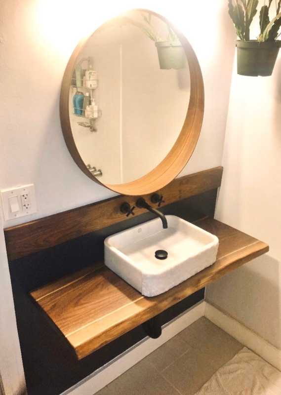 Floating Vanity Wall Mounted Faucet Live Edge Slab Walnut Brown