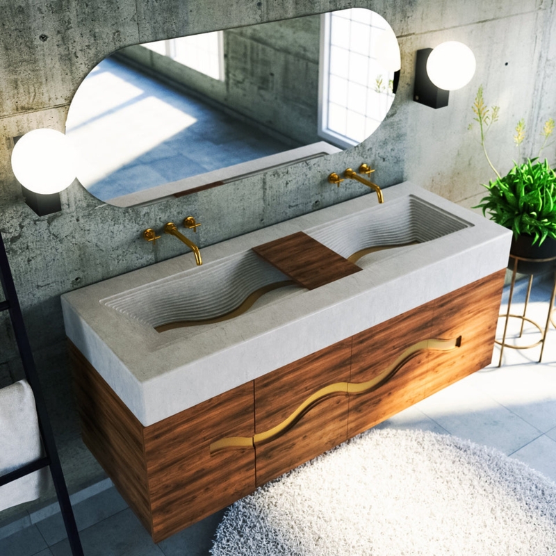 Floating Vanity Walnut Cabinet with Stepped Concrete Double Basin Sinks