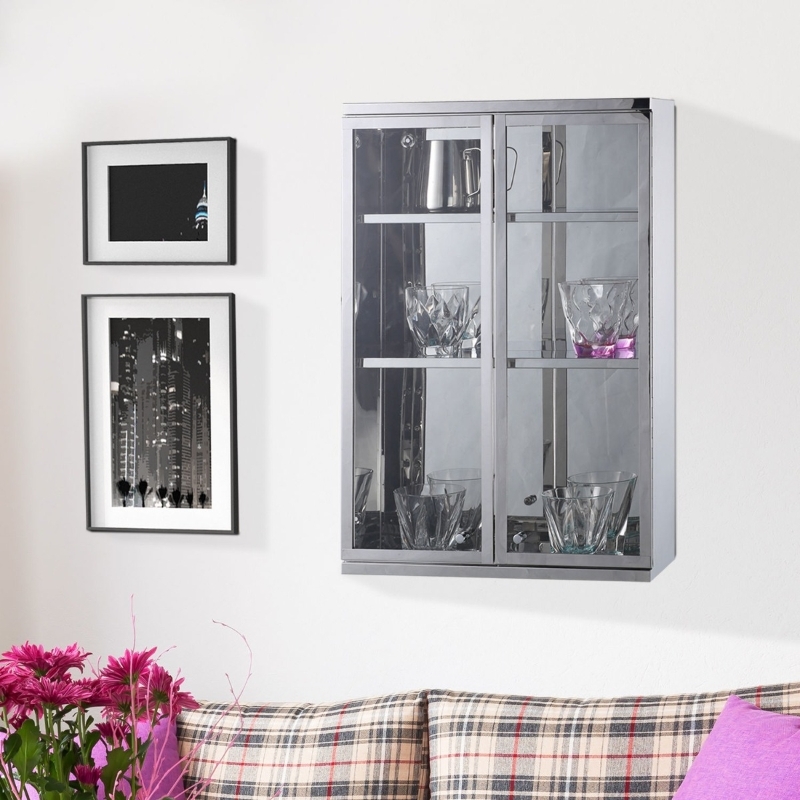 Floating Wall Cabinet in Polished Stainless Steel with Glass Doors