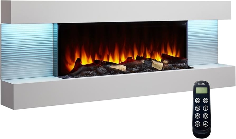Floating White Fireplace Textured Wavy Panels Blue Side Lighting