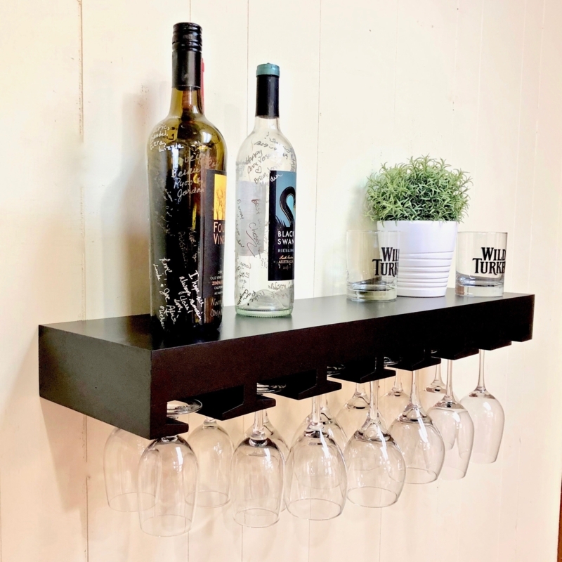Floating Wine Shelf Matte Black with Under Shelf Stemware Rack