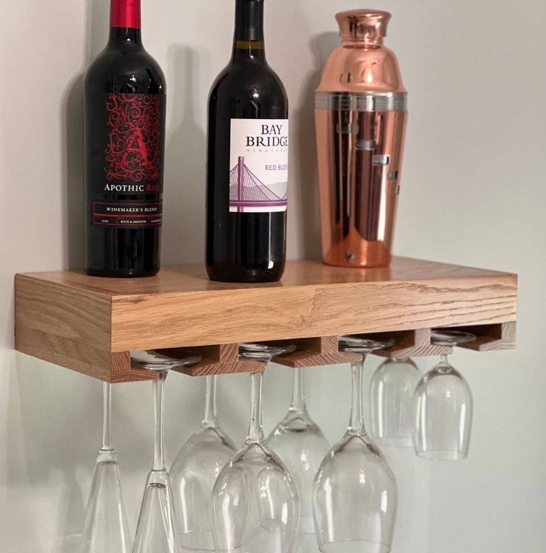 Floating Wine Shelf Natural Oak Chunky Profile Under Shelf Glass Slots