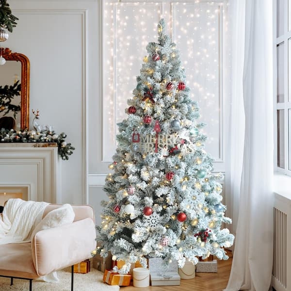 Flocked Christmas Tree with Merry Christmas Sign and Warm LEDs
