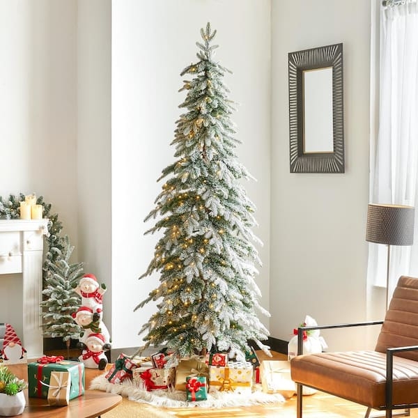 Flocked Pencil Spruce Christmas Tree with Tiered Branches