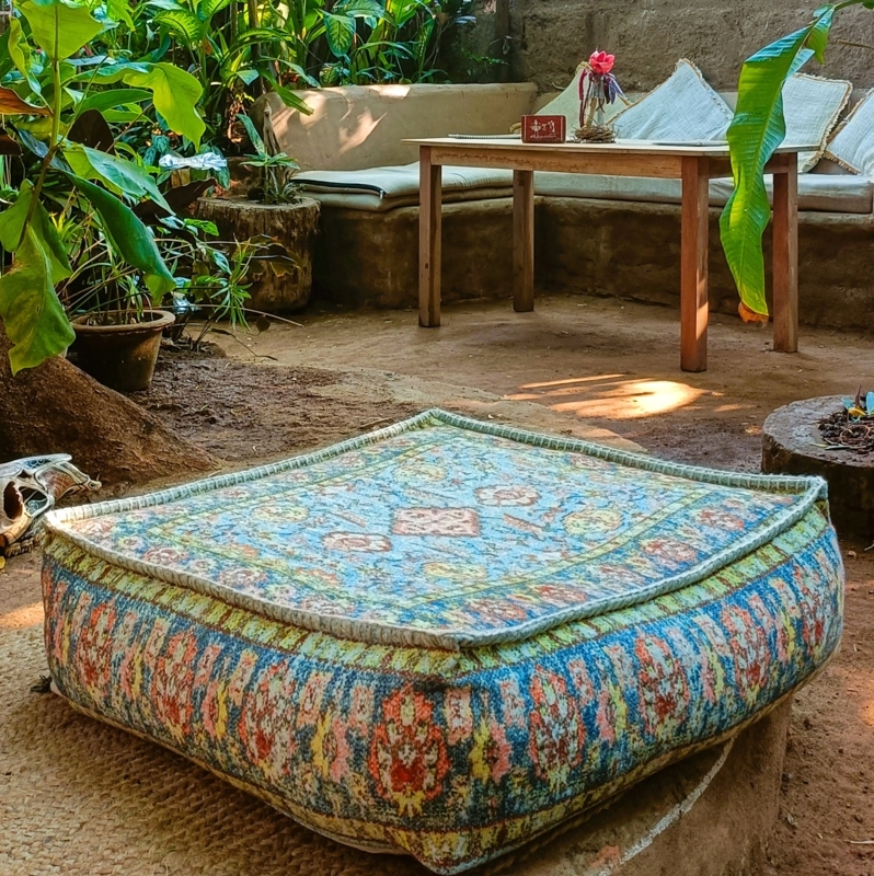 Floor Cushion Dusty Blue Medallion Print Boxed Gusset Boho