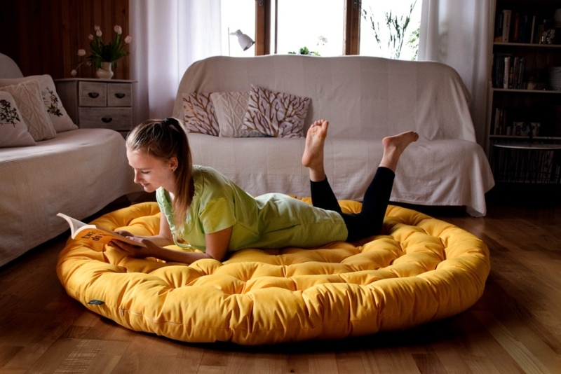 Floor Cushion Mustard Yellow Oversized Round Tufted Seat