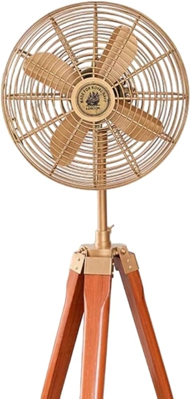 Floor Fan, Tripod Stand, Crest Center Hub, Antique Brass Finish