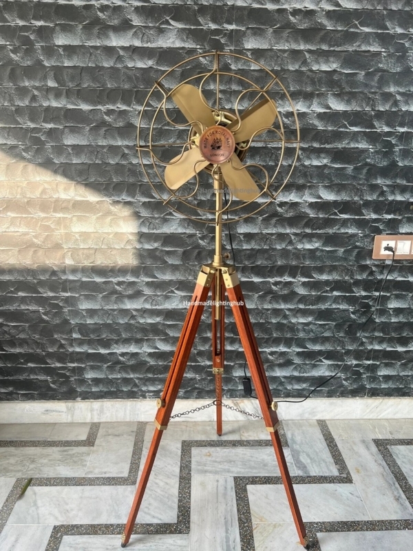 Floor Fan with Tripod Base, Antique Brass Finish and Nautical Insignia