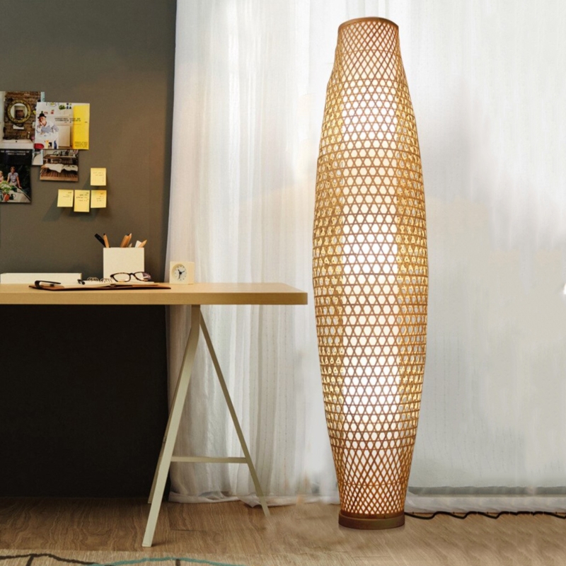 Floor Lamp, Cocoon Shape Woven Rattan, Hexagonal Lattice Weave