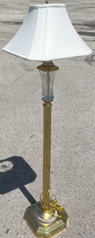 Floor Lamp Fluted Brass Stem with Faceted Crystal Neck and Octagonal Base
