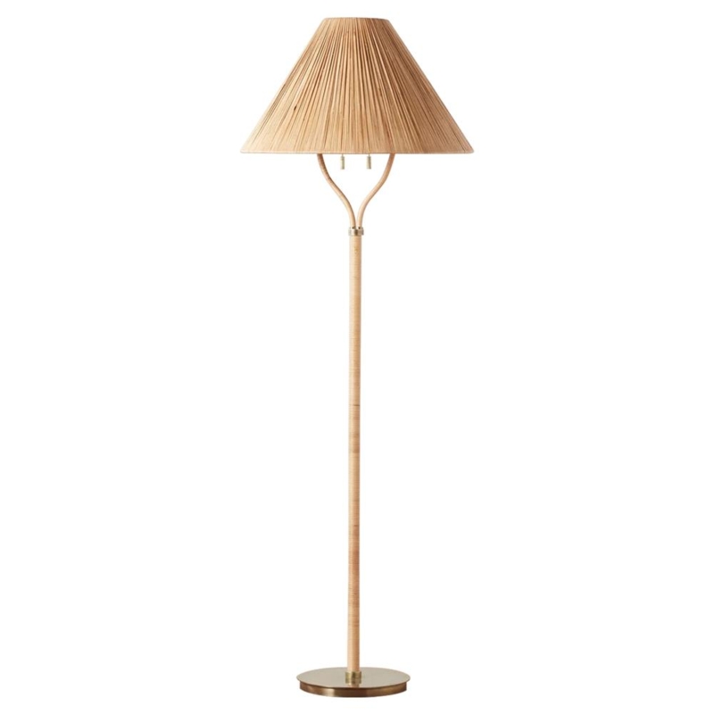 Floor Lamp, Forked Y-Neck Design, Pleated Rattan Shade, Brass Stem