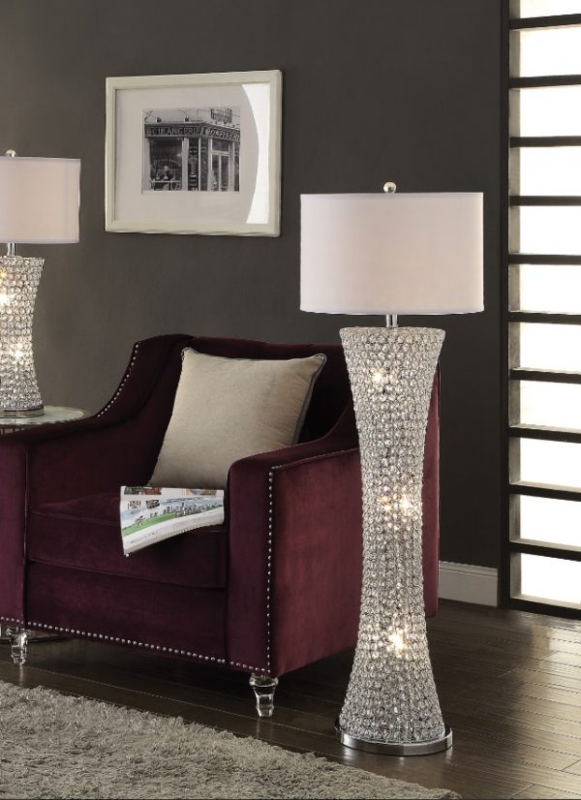 Floor Lamp Internally Lit Hourglass Crystal Style with Drum Shade