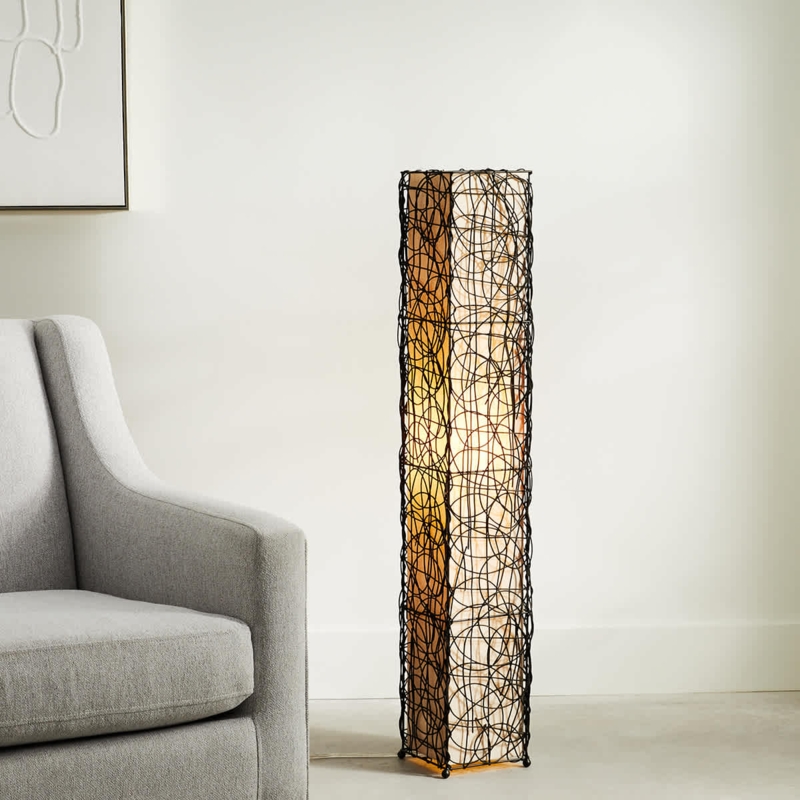 Floor Lamp, Matte Black Rattan Swirl Pattern, Rectangular Column