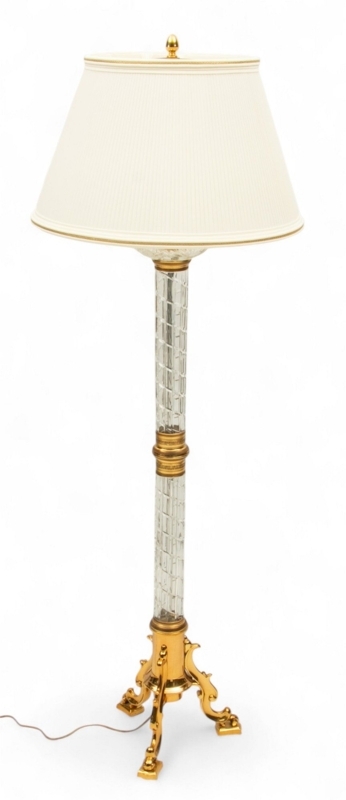 Floor Lamp Ornate Brass Tripod Base with Spiral Cut Crystal Column