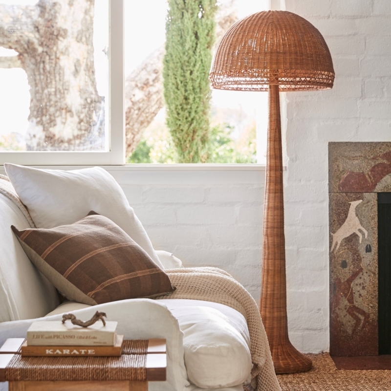Floor Lamp, Oversized Woven Rattan Dome Shade, Tapered Base