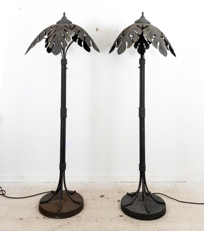 Floor Lamp Pair Cast Iron Construction with Weathered Finish Fronds
