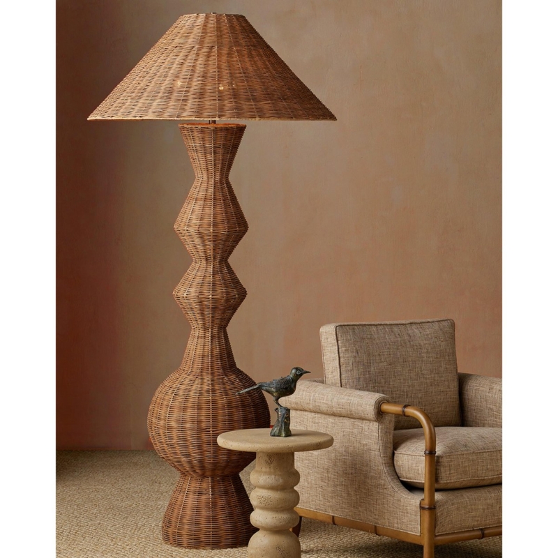 Floor Lamp, Sculptural Tiered Woven Rattan Base with Conical Shade