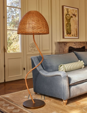 Floor Lamp, Serpentine Stem, Woven Rattan Dome Shade, Bronze Finish