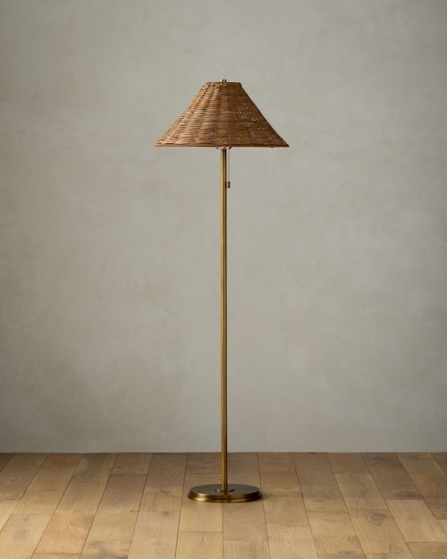 Floor Lamp, Slender Antique Brass Stem, Woven Rattan Conical Shade