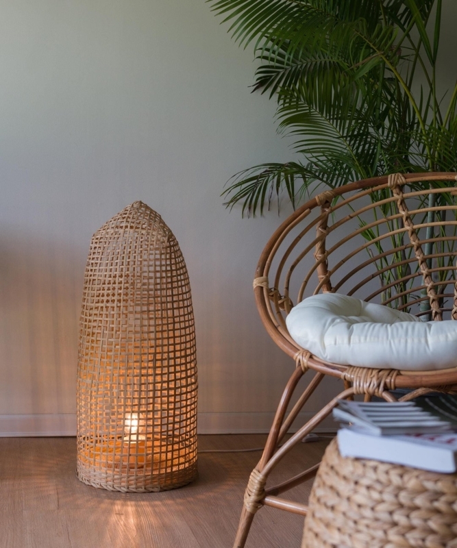Floor Lamp, Tall Woven Bamboo Basket Lantern, Tapered Silhouette