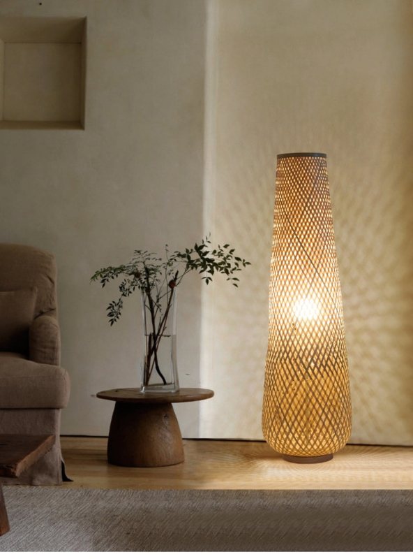 Floor Lamp, Tapered Bamboo Lattice Weave Casting Geometric Shadows