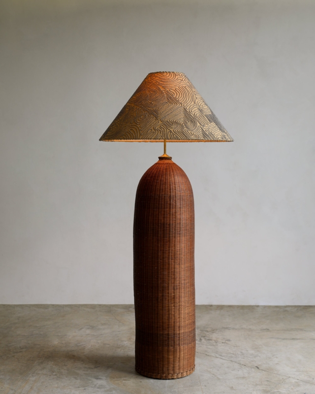 Floor Lamp, Topographic Conical Shade, Woven Rattan Pillar Base