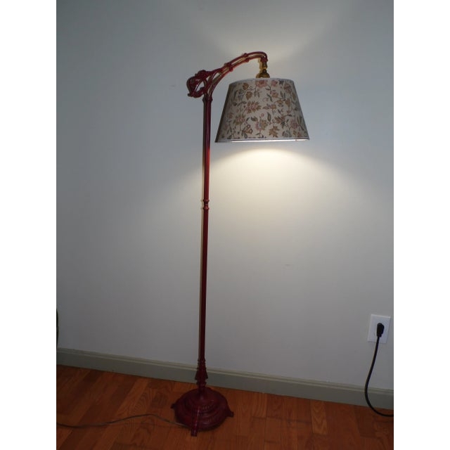 Floor Lamp Vintage Deep Red Finish Floral Fabric Shade Arched