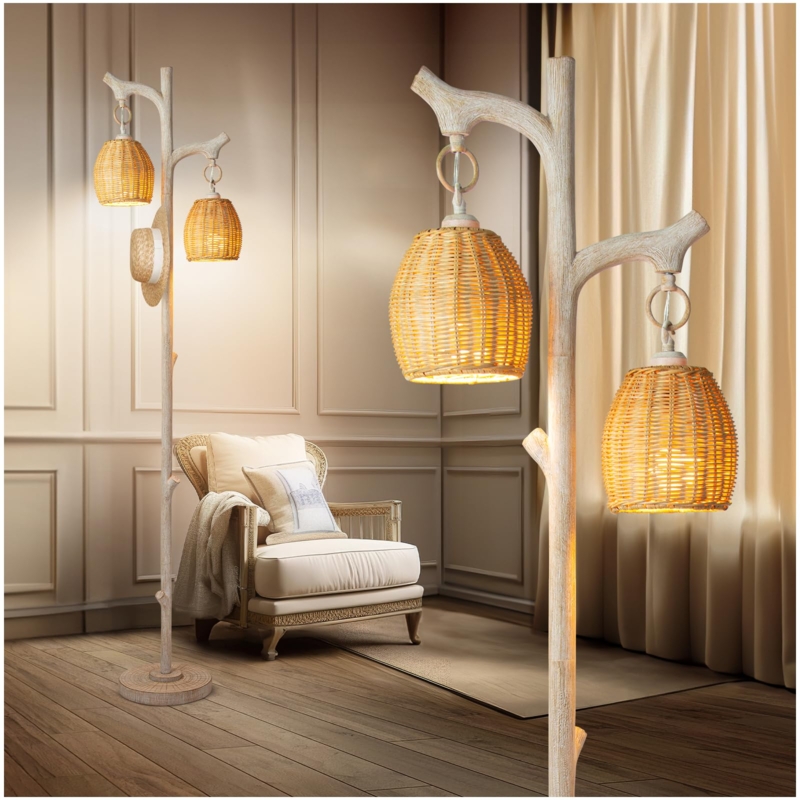 Floor Lamp, Whitewashed Tree Trunk Column with Dual Wicker Shades