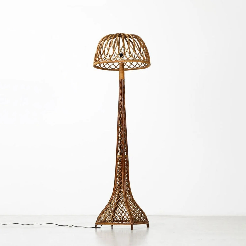 Floor Lamp with Woven Rattan Lattice Dome Shade, Flared Base