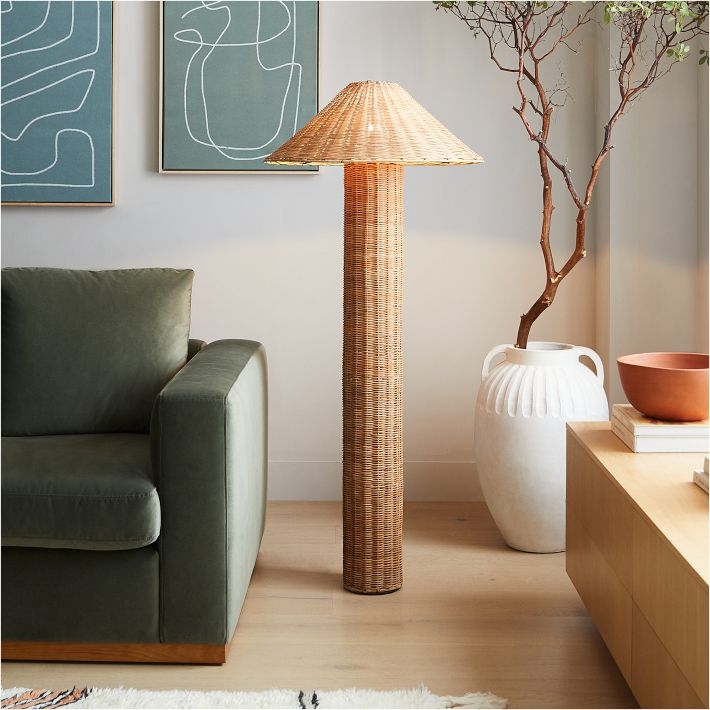 Floor Lamp, Woven Rattan Cylindrical Base with Conical Shade