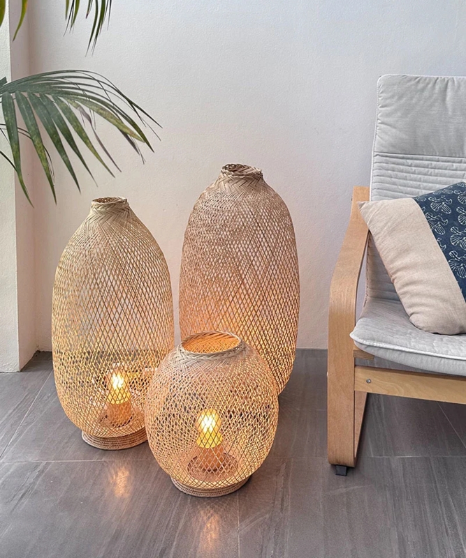 Floor Lamps Set of 3, Woven Bamboo Lattice, Teardrop Silhouette