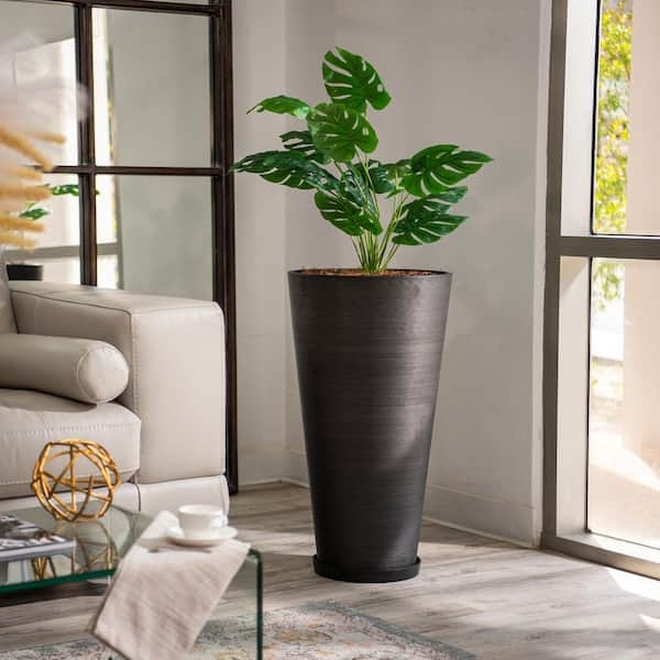 Floor Planter, Matte Black Horizontal Ribbed Tapered Silhouette