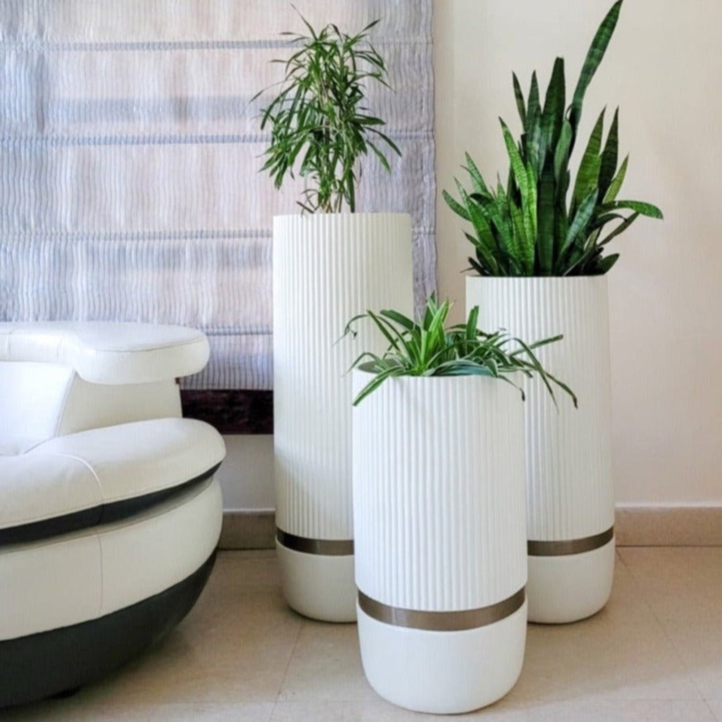 Floor Planter, Off-White Vertical Fluting with Metallic Accent Band