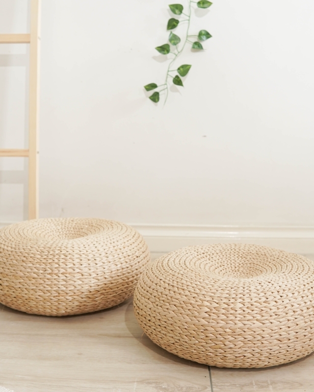 Floor Pouf with Button Indentation, Braided Weave Japandi Style Ottoman