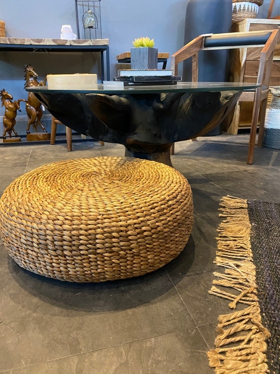 Floor Pouf with Tight Coiled Weave, Low Profile Woven Rattan Seating